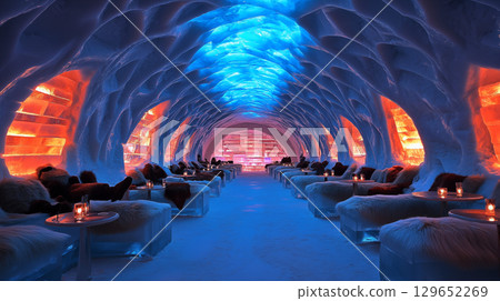 Luxurious ice hotel lounge with illuminated walls and fur seating Luxurious ice hotel lounge with illuminated walls and fur seating 129652269