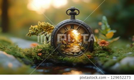 Magical pocket watch reveals enchanted forest path in miniature world 129652273