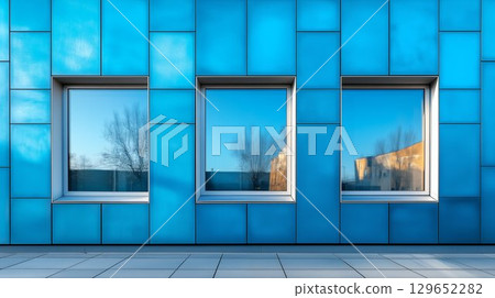 Triple windows reflecting urban surroundings on a modern blue facade with clean aesthetics. Showcases a balance between structured design and vivid color 129652282