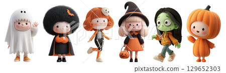 3D cute Halloween kids characters in costume isolated on transparent background. 3D cute Halloween kids characters in costume isolated on transparent background. 129652303