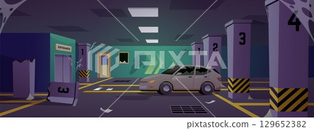 Empty abandoned underground parking vector flat illustration, damaged garage for transport in basement, broken markings 129652382