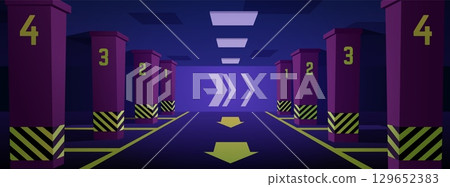 Empty urban underground parking interior vector flat illustration, transport garage in basement columns and parking lots 129652383
