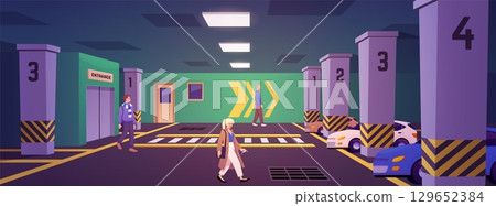 Urban underground parking vector flat interior, garage for automobiles, transport in basement building, walking people 129652384