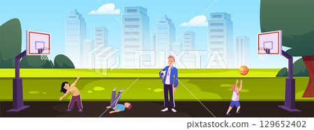 Physical education class, students doing exercise, running at primary school stadium arena flat vector illustration Physical education class, students doing exercise, running at primary school stadium arena flat vector illustration 129652402