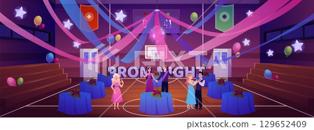 School gym prom night in the gym, vector cartoon dance party in college gymnasium hall with festive decorations School gym prom night in the gym, vector cartoon dance party in college gymnasium hall with festive decorations 129652409