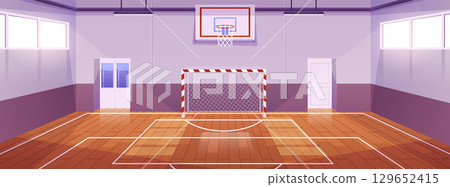 School gym interior vector flat illustration, basketball and soccer sport team games, athletic sport court stadium arena School gym interior vector flat illustration, basketball and soccer sport team games, athletic sport court stadium arena 129652415