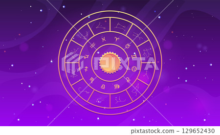 Zodiac wheel with constellations on purple gradient space vector background, horoscope astrological symbols in circle 129652430