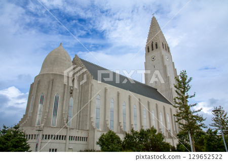 Hallgrimskirkja Church, a landmark in the Nordic island nation of Iceland's capital, Reykjavik, stands on a hill 129652522