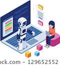 Isometric AI Robot Teaching Child Learn Coding 129652552