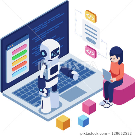 Isometric AI Robot Teaching Child Learn Coding 129652552