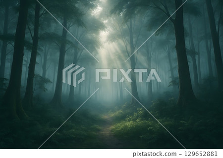 籠罩在晨霧中的夢幻森林的插圖 129652881