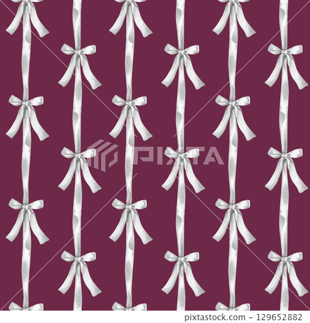 Seamless watercolor pattern with silver ribbons on a burgundy background. Vertical seamless background with bows for wallpaper, packaging, fabrics, textiles, postcards, scrapbooking 129652882