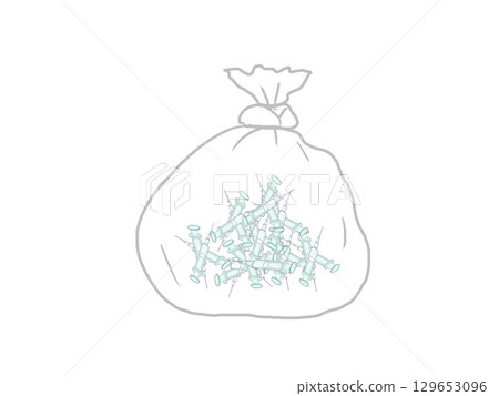 Illustration of a syringe placed in a garbage bag 129653096