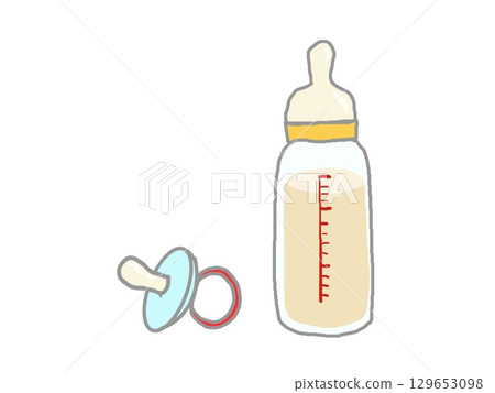 Illustration of a baby bottle filled with milk and a pacifier 129653098