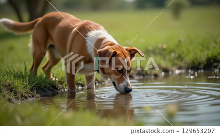 Mixed breed dog drinking water from a puddle in a green field 129653207