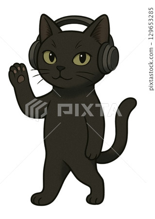 Black cat wearing headphones White background Generative AI 129653285
