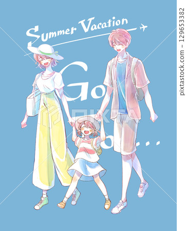 三個快樂的父母和孩子手牽手 三個快樂的父母和孩子手牽手 129653382