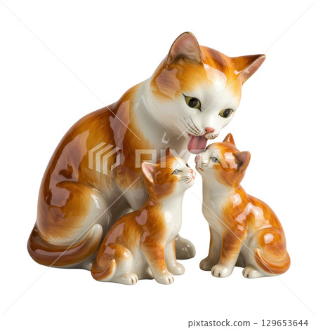 Porcelain figurine of a ginger cat mother licking her two kittens family love and care concept 129653644