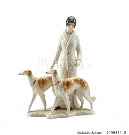 Porcelain figurine of an art deco lady with two borzoi dogs a classic vintage statuette 129653646