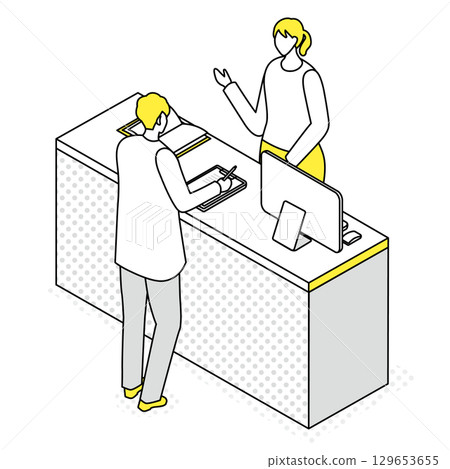 Illustration of a male customer filling out paperwork at the counter Illustration of a male customer filling out paperwork at the counter 129653655