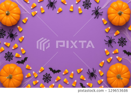 Festive Halloween flat lay featuring vibrant pumpkins, candy corns, and playful spider decorations, creating cheerful atmosphere 129653686