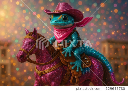 a glittery, vibrantly colored gecko dressed to impress as a mini cowboy perched confidently atop a saddle on a horse. The background sparkles with magical bokeh lights 129653780