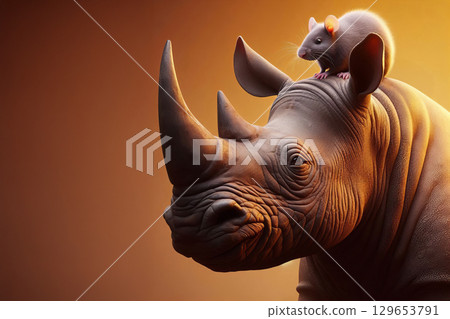 Unique wildlife scene with calm rhinoceros and tiny mammal, perfect for conservation projects, animal protection campaigns, or eco-friendly branding, Unique wildlife scene with calm rhinoceros and tiny mammal, perfect for conservation projects, animal protection campaigns, or eco-friendly branding, 129653791