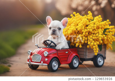 A cute young white French bulldog in a red toy car, towing a trailer full of yellow mimosas on a rural spring day. Perfect for spring marketing, pet services, or countryside lifestyle businesses 129653916