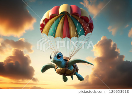 turtle flying with colorful parachute in sky among clouds at sunset. 3D illustration of animal adventure and exploration concept. Design for poster, wallpaper, card, banner. 129653918