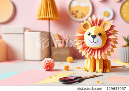 a paper lion sitting next to a pair of scissors, at home, full portrait, red and orange colored, desk fan 129653967