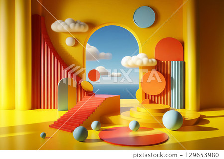Surreal colorful interior with geometric shapes, ideal for advertising agencies, creative studios, branding projects, visual storytelling, editorial design, tech and media companies 129653980