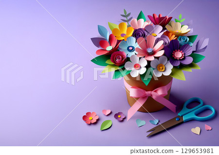 Colorful paper flower bouquet in brown paper pot with pink bow, surrounded by scissors and glue stick on light purple background, perfect for kids crafts, DIY brands, gift shops, creative education 129653981