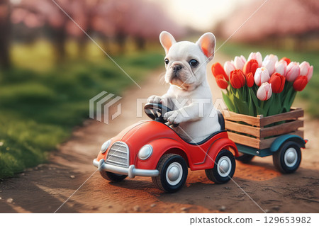 Playful French bulldog driving a red toy car with tulips in tow on a spring dirt path. Great for pet-related brands, floral shops, or countryside tourism advertising. flower delivery service, 129653982