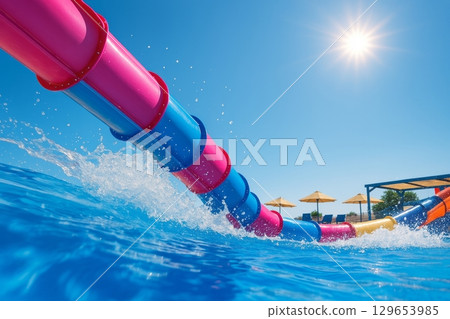 Colorful water slide splashing into swimming pool under bright sun. Outdoor photo of aqua park attraction. Summer vacation and travel concept. Design for poster, banner, postcard. Low angle shot, 129653985