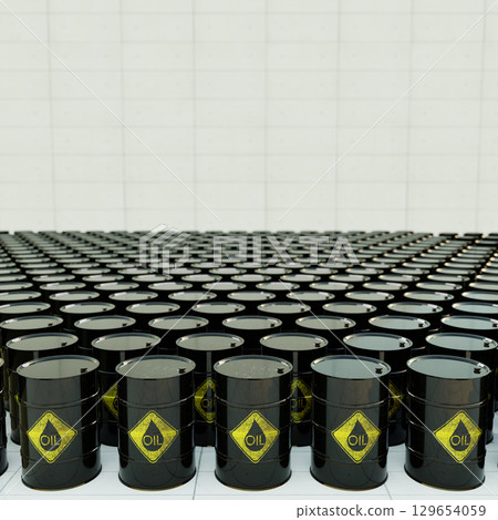 Stockroom Of The Black Oil Barrels, 3D illustration Background for advertising and wallpaper in industry and energy scene. 3D rendering in decorative concept. 129654059