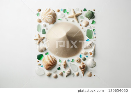 Seashells, sea glass, and sand arranged on white background. Coastal and tropical theme for travel, tourism, beach resorts, wellness, eco-friendly brands, and interior design projects, 129654060