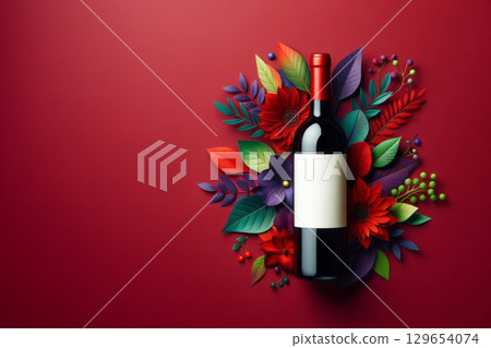Red wine bottle with blank label surrounded by colorful paper cutout flowers and leaves on red background. Elegant floral composition for branding, packaging, and advertising design, 129654074