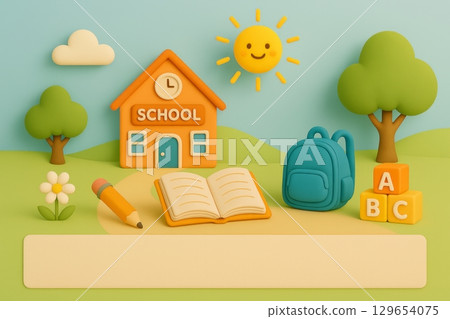 Back to school concept with book, backpack, pencil, ABC blocks, tree, and sun on landscape background with copy space for preschool, kindergarten, education, and toy brands marketing, 129654075
