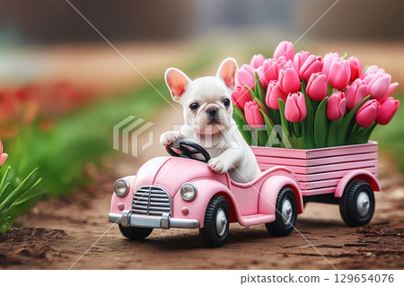 Small white dog in a pink toy car pulling a cart of pink tulips on a countryside path. Ideal for flower delivery services, pet care, or spring marketing campaigns 129654076