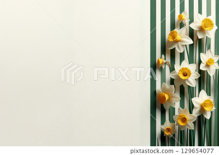 Spring floral illustration with yellow and white daffodils on light background with green stripes. Springtime and Easter celebration design for greeting card, invitation, poster, banner, wallpaper 129654077