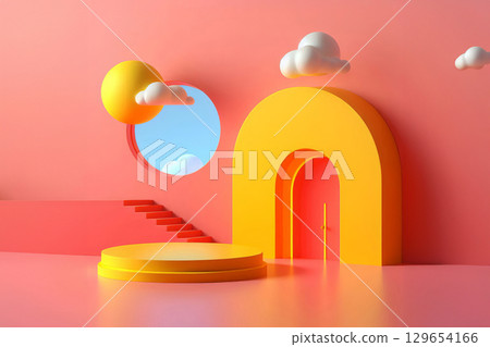 Colorful conceptual scene with stairs, platforms, and sky view, suitable for marketing, editorial visuals, AR/VR demos, creative blogs, fashion campaigns, kids brands 129654166