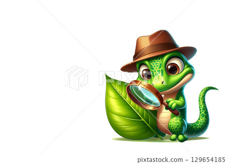 Gecko in brown hat holding magnifying glass inspecting green leaf detail. Perfect for children books, science illustrations, and character based merchandise branding 129654185