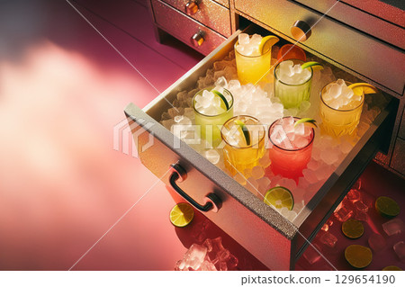 Crushed ice drawer filled with vibrant fizzy drinks in red, green, and yellow tones with citrus garnish, ideal for bar menus, drink packaging, and lifestyle food blogs. 129654190