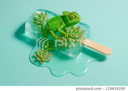 Ice popsicle with succulent plants and green chameleon melting on green surface, perfect for eco branding, summer campaigns, surreal visuals, product design, and creative packaging. 129654200