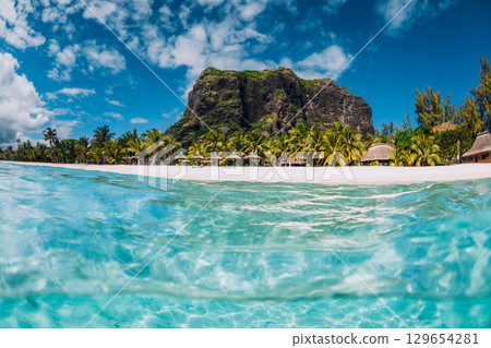 Tropical ocean with Le Morne mountain and luxury beach in Mauritius. 129654281