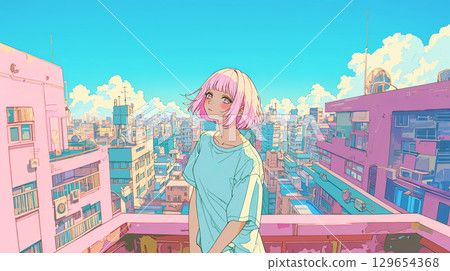 年輕女子站在城市背景中 年輕女子站在城市背景中 129654368