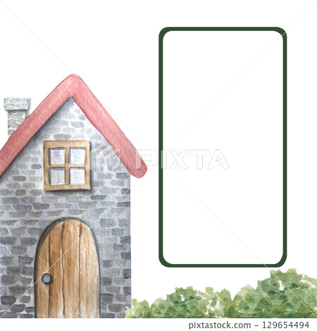 Stone house with red roof, wooden door, window and chimney with a frame on the right, perfect for invitations, fairy-tale cards, text placement. Hand-painted watercolor illustration on white Stone house with red roof, wooden door, window and chimney with a frame on the right, perfect for invitations, fairy-tale cards, text placement. Hand-painted watercolor illustration on white 129654494