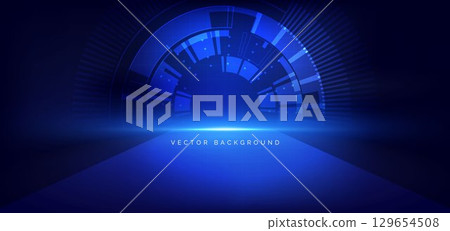 Circle hi tech neon blue light ray on dark blue background. Futuristics technology concept. Circle hi tech neon blue light ray on dark blue background. Futuristics technology concept. 129654508