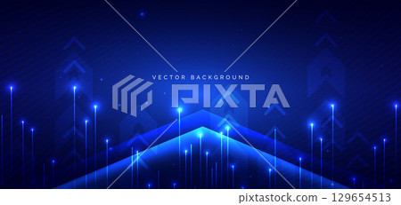 Futuristic arrow vertical blue lighting effect and sparkle on blue background. 129654513