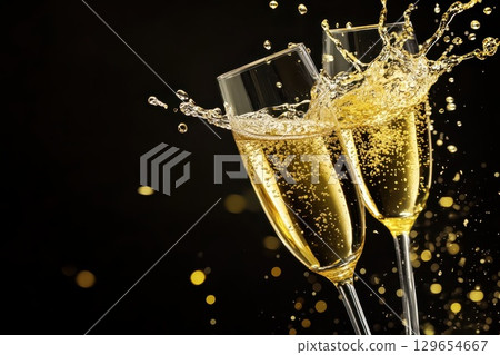 champagne flutes with bubbles on black background 129654667